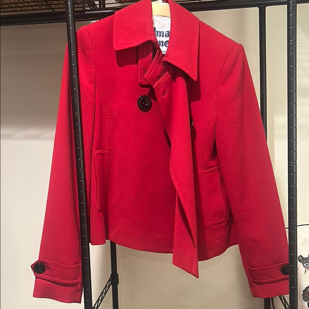 Red Tailored Pea Coat with Prominent Collar